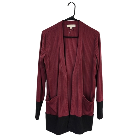 Michael Kors Women's Ribbed Red And Black Colorblock Open Cardigan Sweater - S - Picture 1 of 5